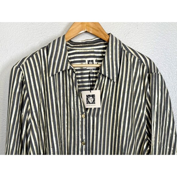 NWT Anne Klein Metallic Gold Gray Striped Button Down Shirt 2X Blouse 3/4 Sleeve - Picture 2 of 11
